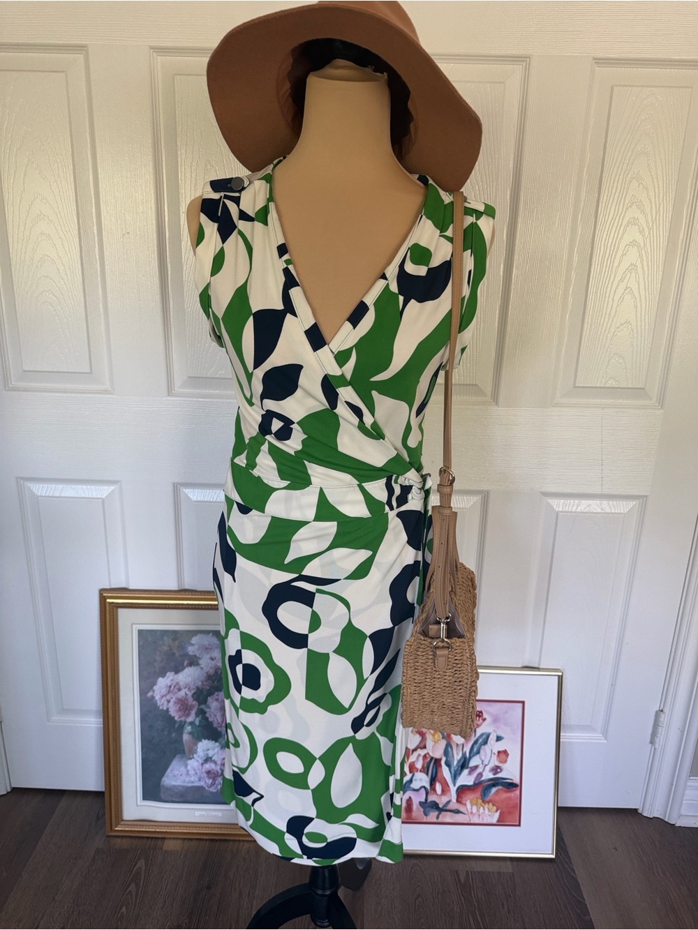 Banana Republic Green, White & Navy Abstract Wrap Midi Dress